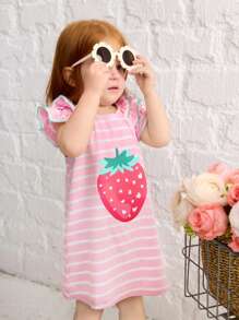 SHEIN Baby Girl Casual Simple Comfortable Round Neck Ruffle Sleeve Strawberry Print Dress - Pink - View 7