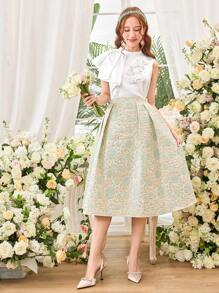 SHEIN 2 件套：少女优雅立领不对称荷叶边袖衬衫 + 纹理提花 A 字裙套装，公主裙套装 - 綠色 - 查看 3