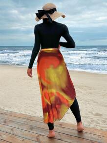 Swim Mulvari 女式拉链半襟长袖布基尼防晒衣，带纱笼裙，适合夏季海滩度假穿着 - 彩色 - 查看 2