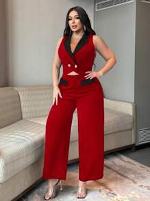 SHEIN Unity 2pcs Plus Size Women Elegant Black & White Contrast Color Vest And Pants Set With Button Decor, Fashion Design, Versatile - Multicolor - View 4