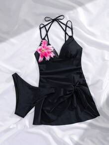 Swim Vcay 女士黑色花卉印花拼布比基尼套装，优雅、贴身、性感复古休闲高腰两件套泳衣 - 黑色 - 查看 7