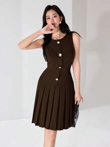 Heiryn 女式夏季优雅办公室纽扣装饰褶边连衣裙 - 咖啡 - 查看 1