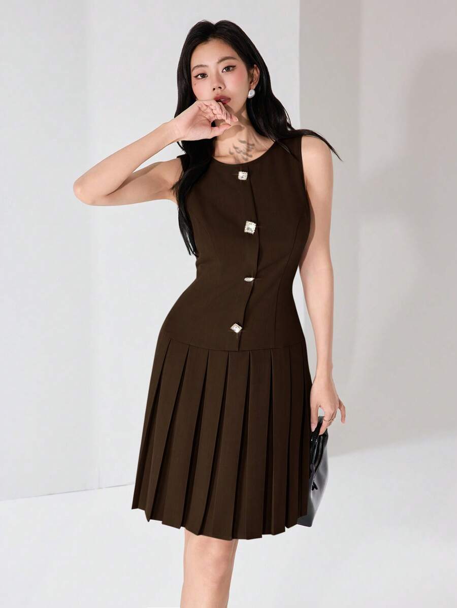 Heiryn 女式夏季优雅办公室纽扣装饰褶边连衣裙 - 咖啡 - 查看 1