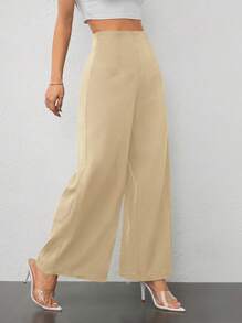 SHEIN PETITE 女士简约休闲时尚返校季老款通勤高腰纹理阔腿裤 - 卡其色 - 查看 3