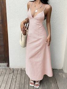 Sunnyshic Striped V-Neck Backless Tie-Up Button Design Camisole Maxi Dress, Gray & White - Pink - View 3