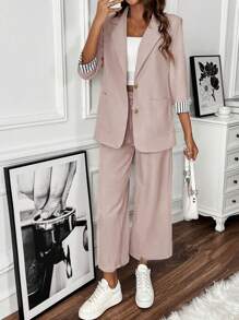 SHEIN Clasi Women's Commuter Striped Single-Breasted Blazer And Trouser Set - Pink - View 1