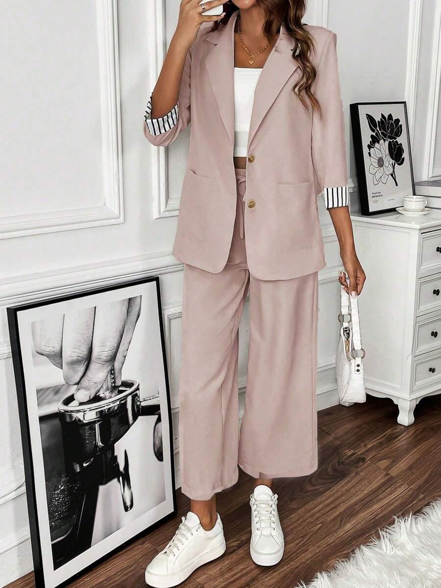 SHEIN Clasi Women's Commuter Striped Single-Breasted Blazer And Trouser Set - Pink - View 1