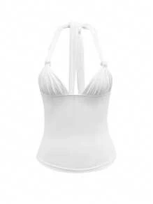 Conjunto de top sin espalda con cuello retorcido y pantalones cortos plisados a la cintura de unicolor y sexy