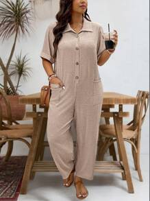 SHEIN LUNE Plus Size Open Collar Rivet Button Short Sleeve Pocket Casual Jumpsuit