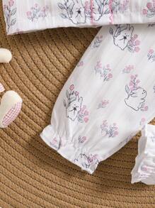 3pcs Baby Girl Floral Rabbit Printed Ruffled Top, Pants & Headband Set, Spring/Summer Home Clothes - Baby Pink - View 5