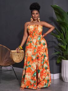 Slaydiva Bộ đồ liền thân dài không tay họa tiết hoa bó sát mùa xuân & hè 2025 mới về, vải dệt in kỹ thuật số, cỡ lớn cho nữ - Nhiều màu - Xem 4