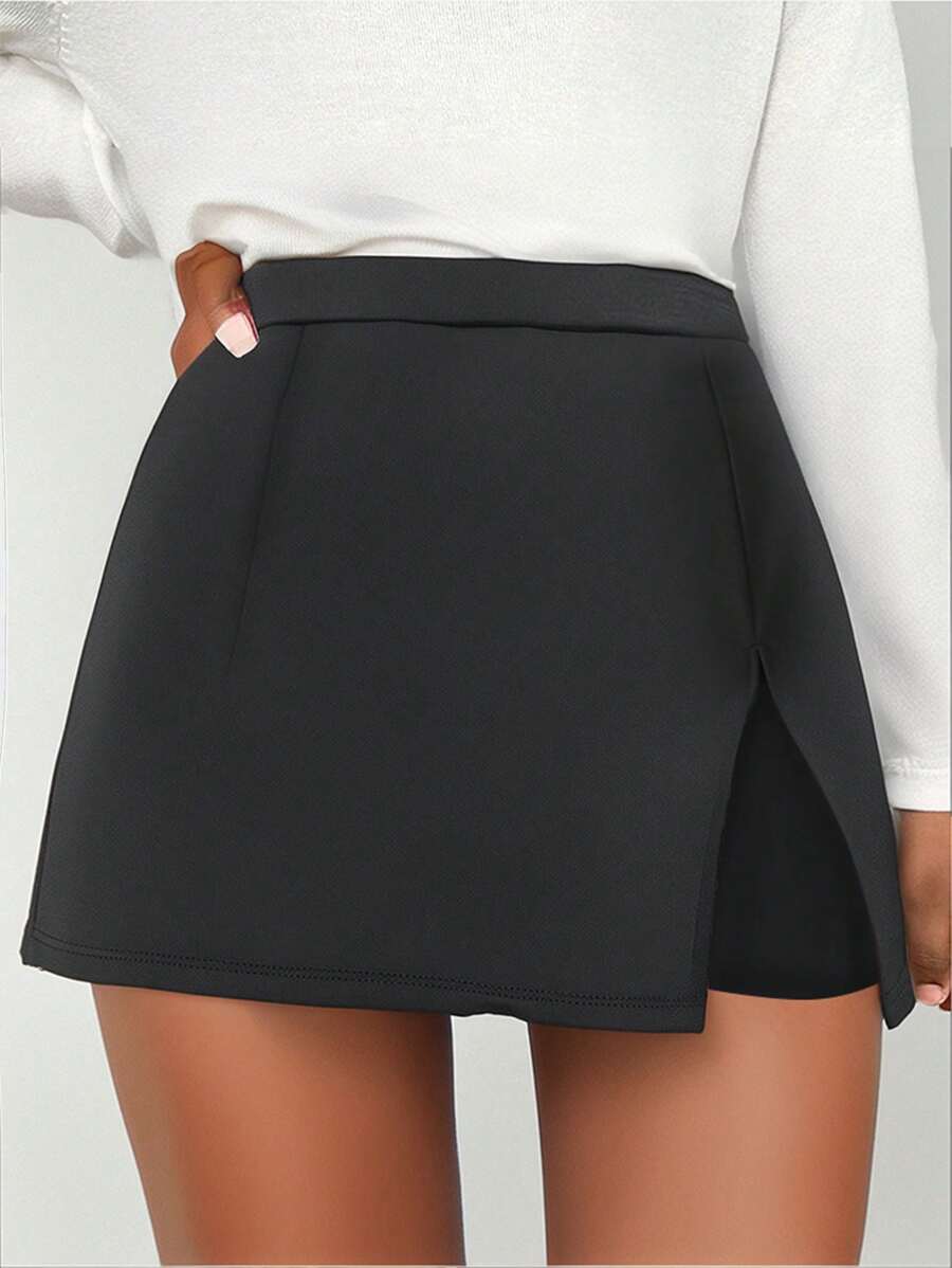 SHEIN Leap Crew Tween Girls Knitted Solid Color 2 In 1 Skirt With Side Slit, Fashion Versatile Shorts - Black - View 1