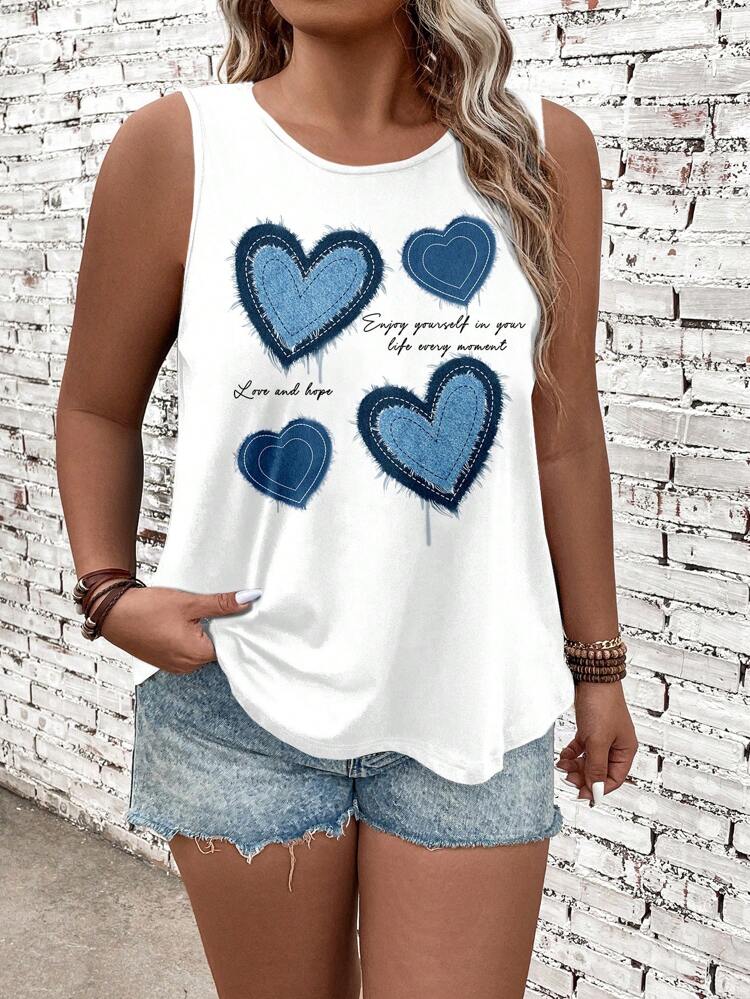 Plus Size Women Round Neck White Slogan & Heart Print Casual Tunic Tops,Suitable For Summer,Vacation,Simple And Fashionable For Everyday Wear
