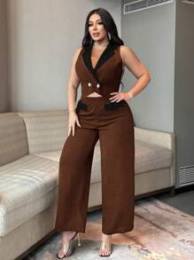 SHEIN Unity 2 Stücke/Set Damen Große Größen eleganter schwarzer & weißer Kontrast Hosenanzug aus Weste und Hose, Knopf-Dekor zusammenpassendes Outfit - Verschiedenfarbig - Übersicht 4