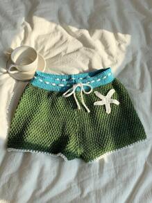 SHEIN EZwear Shorts a maglia, in stile vacanza al mare, con design traforato e vita bassa a contrasto di colore