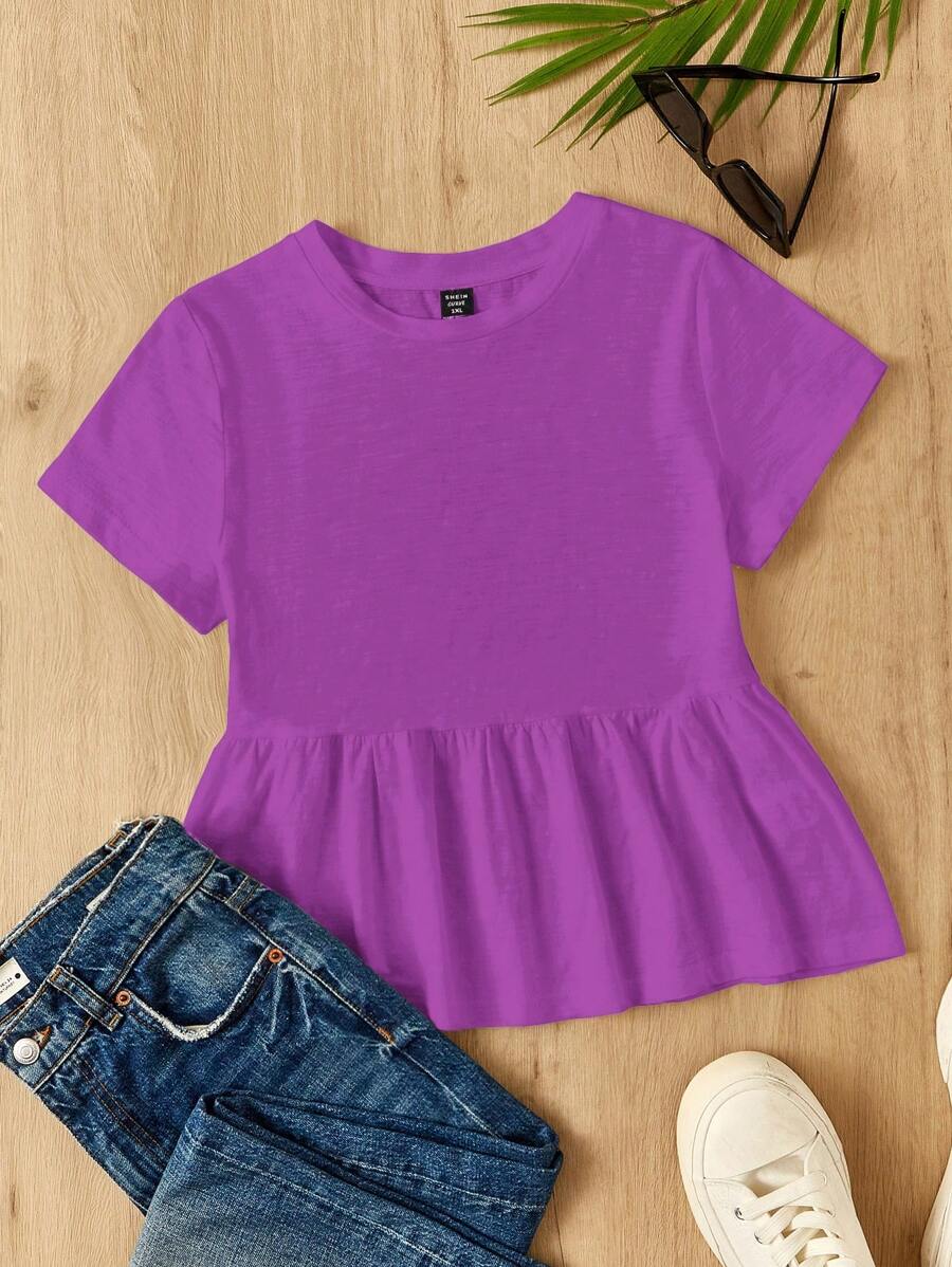 SHEIN EZwear Vestido de muñeca de unicolor con cuello redondo y corte evasé, con parches, de tela de algodón para tallas grandes - Morado - Ver 1