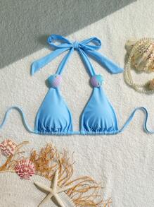 SHEIN Swim 女士浅蓝色夏季休闲露背三角比基尼上衣，百搭泳装、泳池派对、度假 - 淺藍色 - 查看 1