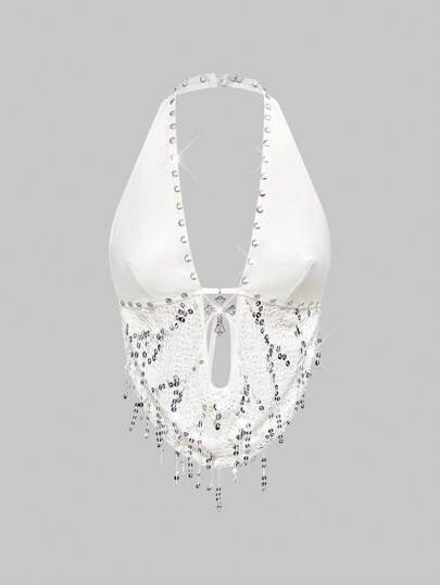 Grunge Punk Top sans dos style haltère avec pendentif métallique en croix, patchwork de PU, filet et paillettes. Style Y2K pour femmes