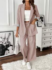SHEIN Clasi Women's Commuter Striped Single-Breasted Blazer And Trouser Set - Pink - View 5