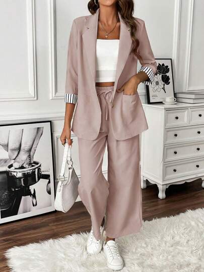 SHEIN Clasi Damen Business Set aus gestreifter Einreiher-Blazer und Hose
