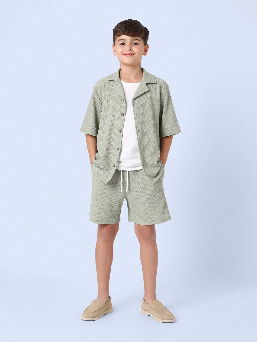 SUMWON Summer Collection Textured Two-Piece Shirt And Shorts Set Breathable Waffle Fabric Button-Down Casual Beach Holiday Spring Set - Olive Green - View 1