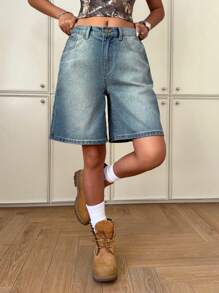 SHEIN Teen Girl's Spring Summer Y2K Retro 2000S Vintage Washed Low Waist Baggy Casual Wide Leg Denim Jeans Long Shorts,Summer Beach Boho Vacation Shorts, Summer Concert Festival Casual Rave Outfits, Girls Summer Brunch Graduation Outfits - Medium Wash - View 1