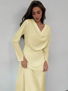 Aloruh Vestido Versátil de Mangas Longas, Cintura Marcada, Design de Babado no Decote Drapeado, Cor Sólida Elegante