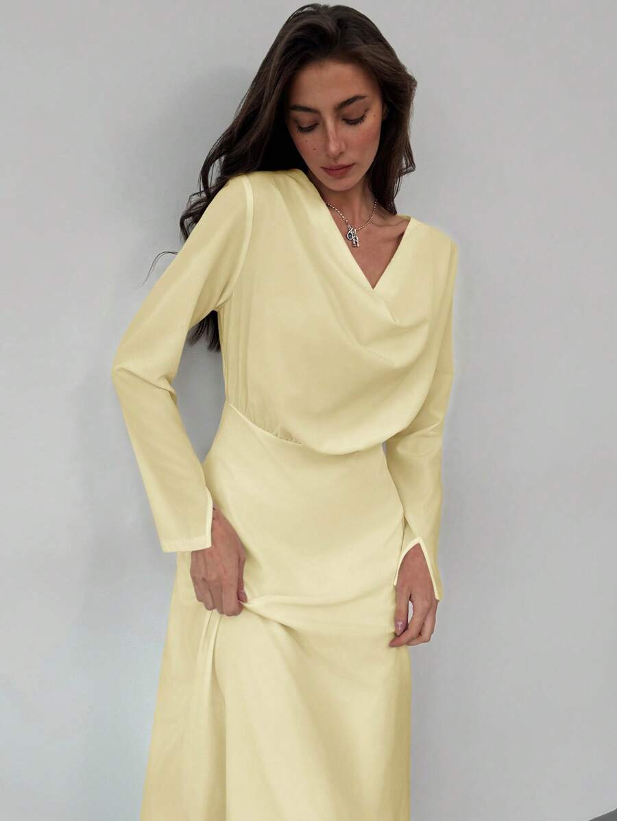 Aloruh Vestido Versátil de Mangas Longas, Cintura Marcada, Design de Babado no Decote Drapeado, Cor Sólida Elegante