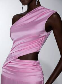 Elitara Blush Pink,Summer,Elegant,Formal,Event,Prom,Wedding Bridesmaid Dress,Satin Asymmetric Neck Hollow Out Ruched Bodycon Fishtail Holiday Resort - Pink - View 5