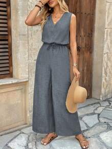 Breezaya V-Neck Bodycon Textured Sleeveless Jumpsuit With Pockets For Women, Vacation Style - Grey - View 6