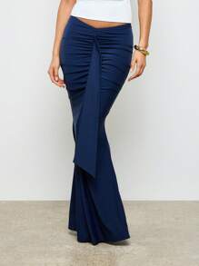 AiiRZ 美人鱼风格长裙晚礼服正式场合优雅及地褶皱垂坠婚礼宾客派对礼服秋冬假日季节 - 藏蓝色 - 查看 1