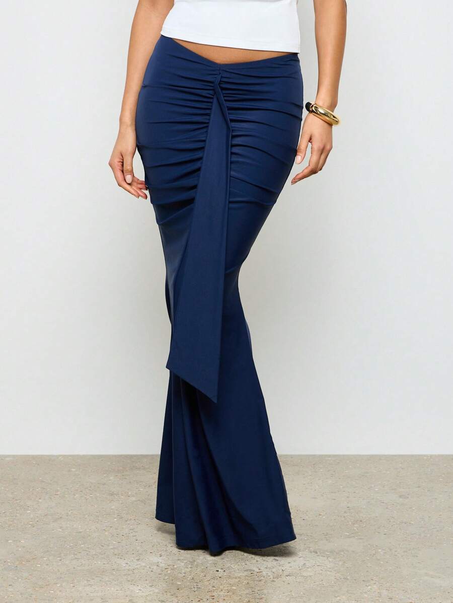 AiiRZ 美人鱼风格长裙晚礼服正式场合优雅及地褶皱垂坠婚礼宾客派对礼服秋冬假日季节 - 藏蓝色 - 查看 1