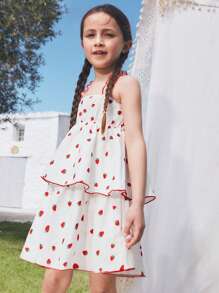 SHEIN Young Girls Strawberry Pattern Casual Vacation Cute Sleeveless Dress, Spring/Summer - Multicolor - View 4