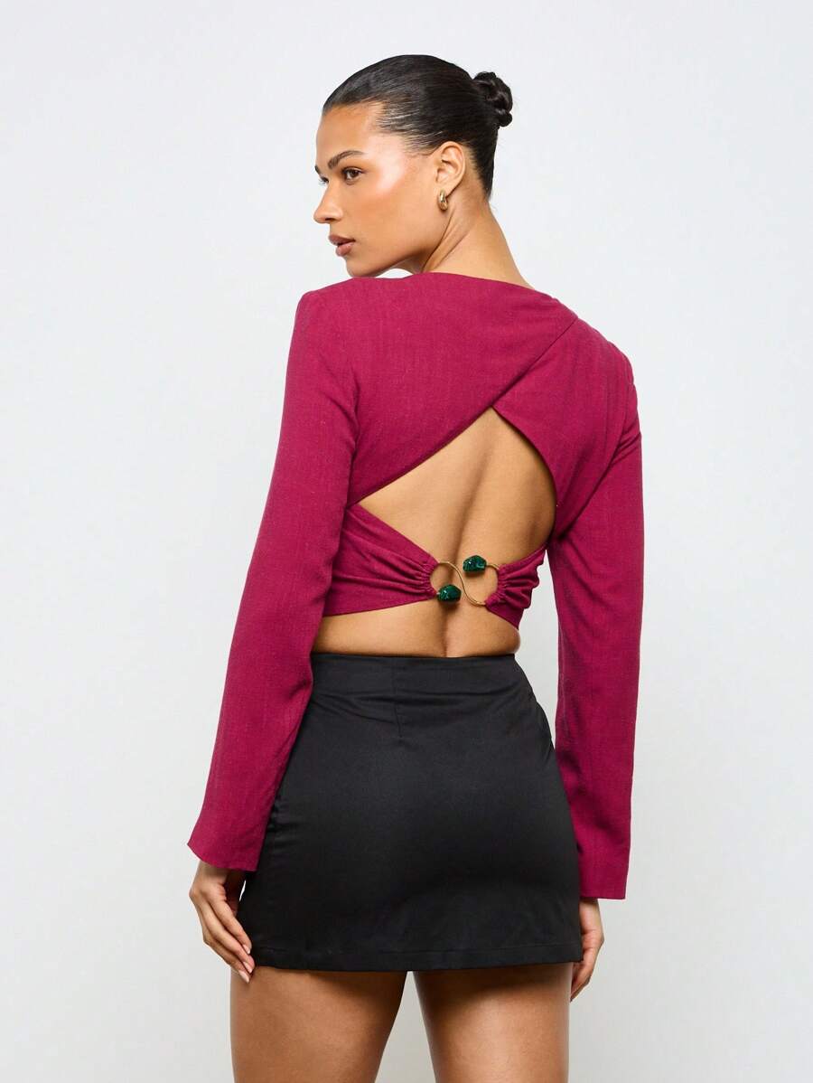 AiiRZ Long Sleeve Cross Back Cropped Blazer - Red - View 1
