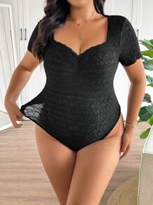 SHEIN Frenchy Plus Size Summer Elegant Simple Sweetheart Neck Black Bodysuit For Women - Black - View 1