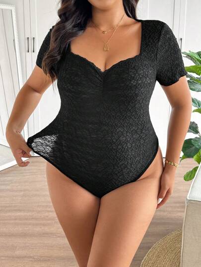 SHEIN Frenchy Plus Size Summer Elegant Enkel Sweetheart Neck svart bodysuit för kvinnor