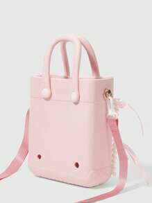 ROMWE Kawaii Women's Waterproof EVA Faux  Pearl Chain Handbag Women's Pink Ribbon Bow Accent Beach-To-Street Tote, Stylish Seaside Vacation & Daily Use Handbag Purse For Ladies - Pink - View 6