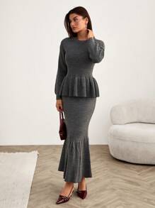 EURMUSE Ensemble 2 pièces de femme comprenant un pull à volants détaillés et une jupe fourreau en tricot maxi