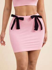 LUNA B Solid Color Black Bow Sexy High Waist Stretch Fitted Mini Skirt For Women Summer Beach Women Summer Set Women 2 Pieces Outfits Birthday Outfit Women Women Two Pieces Outfits Two Pieces Outfits For Women Party Outfits For Women
