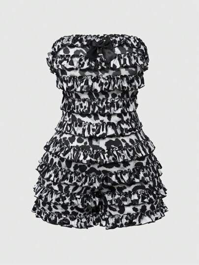 Grunge Punk Combinaison courte pour femmes de style Harajuku Y2K avec volants superposés sur tout l'imprimé léopard