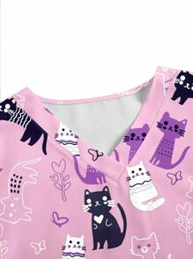 PopScrub Cat Print Short Sleeve /Nursing Scrub Uniform Top Women Summer Tops Women Scrubs Scrub Sets For Women Women Scrubs Nurse Scrub Sets Women,Women's Fashion Casual Sports Scrub Tops, Business Women Clothing, Women's Summer Tops Multi-Occasion Wear Versatility, Women's Summer Beach Shirts,Tops With Cute Puppies, Bees, Insects, Kittens, Flowers, Grass, Trees, Hearts, Clouds, Ice Cream, Donuts, Butterflies, Starfish, Tie-Dye And Other Printed Patterns - Mauve Purple - View 7
