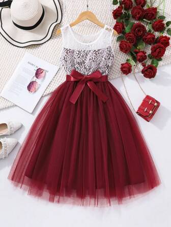 Tween Girls' Elegant Sweet Contrast Color Lace Contrast Mesh Dress Summer Holiday