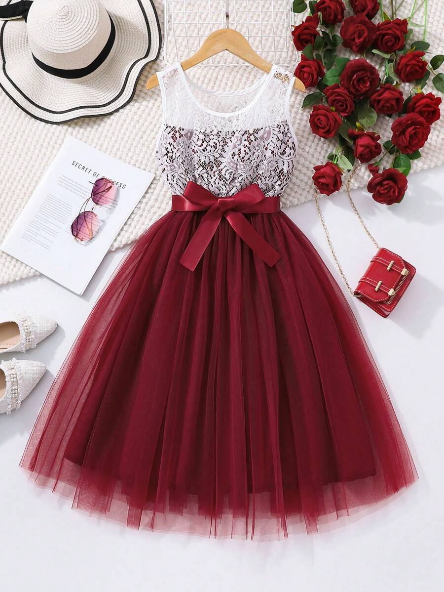 Tween Girls' Elegant Sweet Contrast Color Lace Contrast Mesh Dress Summer Holiday - Burgundy - View 1