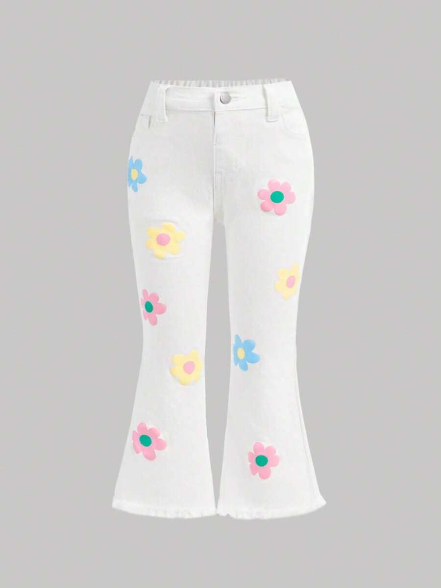 SHEIN Floral Print Casual Versatile Flare Jeans For Young Girl - White - View 1