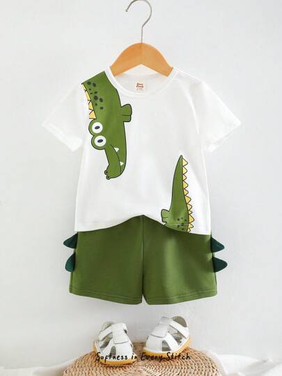 Cozy Pixies 2 件装男婴卡通恐龙图案针织柔软圆领短袖上衣和松紧腰短裤套装