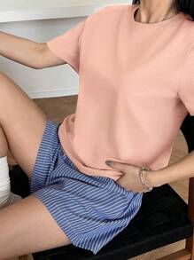 DAZY Simple Striped T-Shirt And Shorts Pajama Set - Pink - View 4