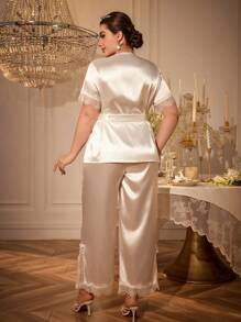 SHEIN MuseNap CURVE Plus Size Women Side Split Contrast Lace Elegant Short Sleeve Top And Pants Pajama Set - White - View 2