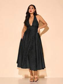 SHEIN BAE Vestido elegante de mujer talla grande con cuello en V profundo y estampado floral jacquard, para fiesta de cumpleaños, boda, dama de honor, cóctel, vestido de noche
