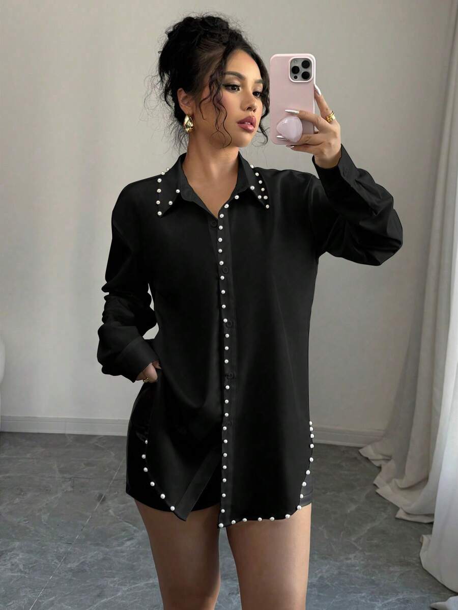 Elenzga Áo sơ mi dài tay ve lật màu trơn đính hạt ngọc trai thanh lịch, sang trọng cho nữ công sở thường ngày ngày lễ - màu đen - Xem 1