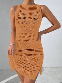 Breezaya Solid Color Hollow Out Backless Sleeveless Cover Up Beach Dress For Summer Beach Vacation - Yellow - View 3